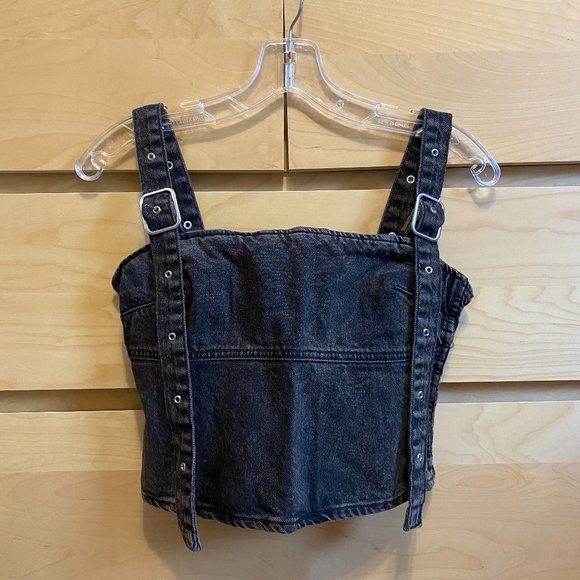 NWT TRF BUCKLED DENIM TOP, BLACK WASHED SMALL - Picture 2 of 11